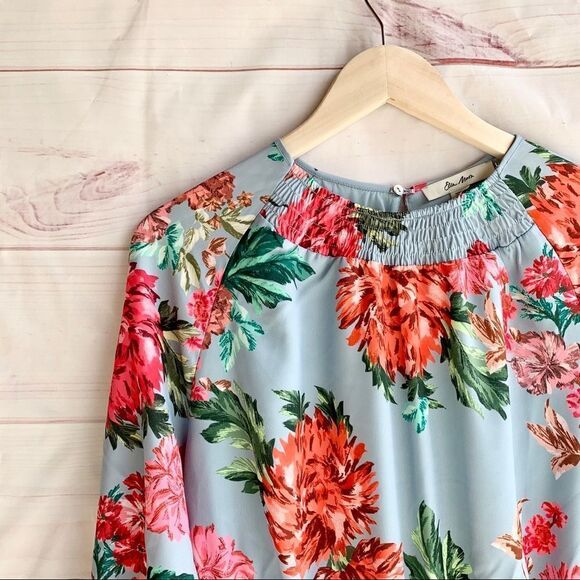 NWT Ella Moon Standard Smocked Waist Long Sleeve Blue Pink Floral Print Dress - Picture 5 of 8